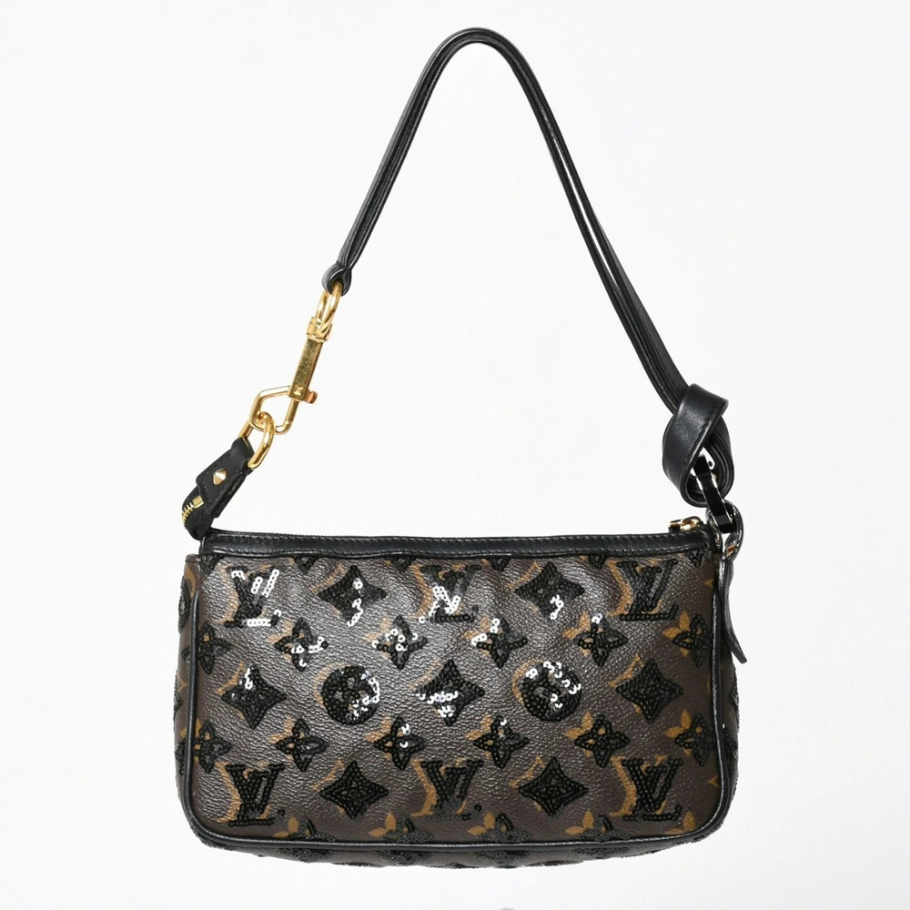 LOUIS VUITTON Monogram Sequin Pochette Accessoires Shoulder Bag Black Brown